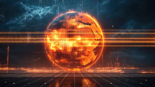 Fiery digital globe on a gridded platform