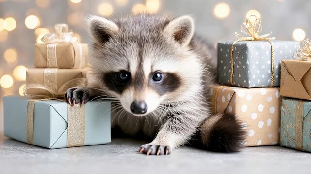 Adorable raccoon playing with gift boxes amidst festive lights