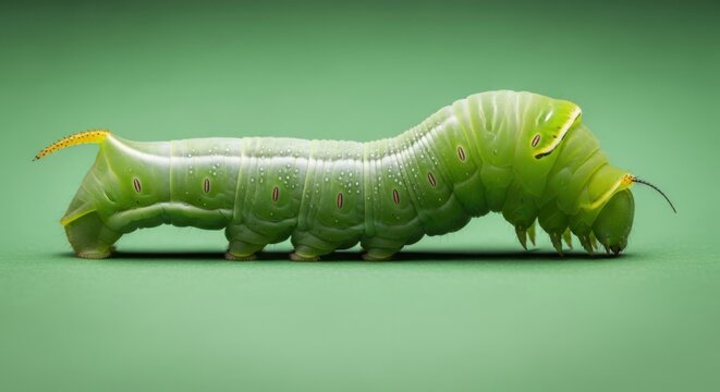 A large green caterpillar with yellow horns is crawling on a green surface viewed from the side