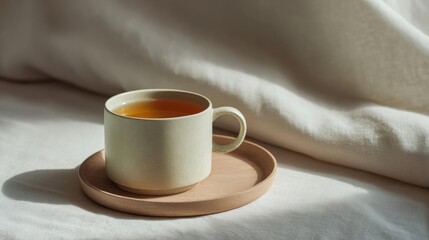 White ceramic mug with a handle on a wooden coaster. the mug is filled with a dark brown liquid, which appears to be tea or coffee.
