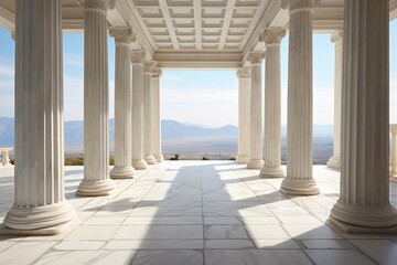 Naklejka premium Marble columns frame a beautiful panoramic view of distant mountains under a clear sky