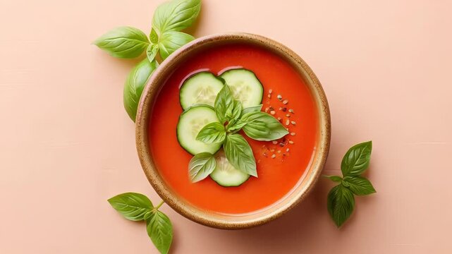 Fresh gazpacho with cucumbers and basil leaves on a peach background