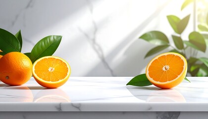 Oranges on white marble countertop with leaves.
