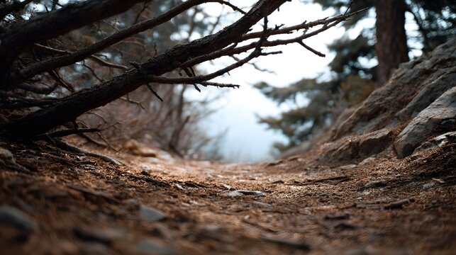 A low angle view of a moody mountain trail winding through fallen branches and textured earth with atmospheric fog obscuring the distant trees
