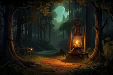 Fototapeta premium Glowing lantern illuminating a mysterious forest path under a crescent moon at night