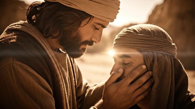 Jesus Christ, a man with a beard, touching eyes of another man. Biblical scene of divine healing for religious and spiritual concept.