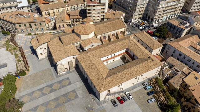 Aerial view of the San Giovanni Monumental Complex located in Piazza Garibaldi, in the historic center of Catanzaro, Calabria, Italy. The Parish of San Giovanni Battista is also located here.