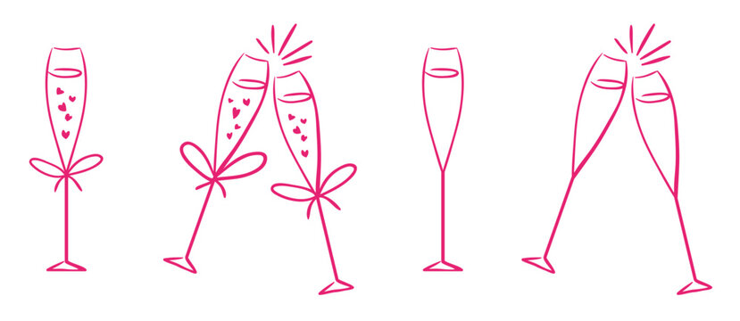 Champagne Glass Coquette Whimsical Drawing Doodles of Two Clicking or Cheers Glasses Isolated Vector Stemware Girly Pink Icons Set for Wedding or Birthday Party