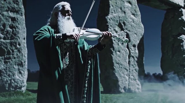 Mystical Druid Violinist Performing at Ancient Stone Circle at Night