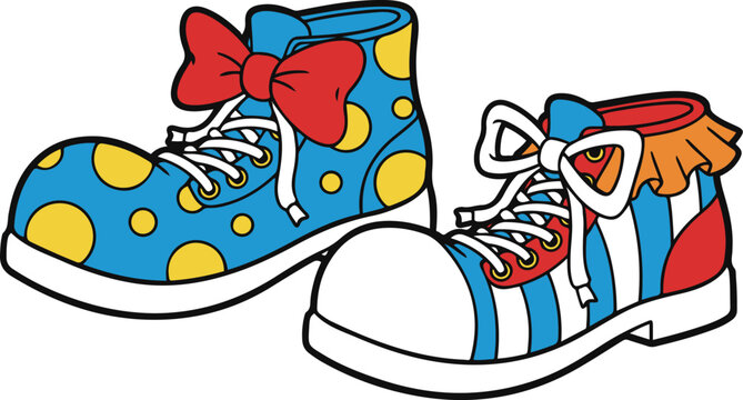Vector illustration of a pair of colorful, mismatched clown shoes featuring a blue shoe with yellow polka dots and a red bow, and a striped shoe with laces in a cartoon style.