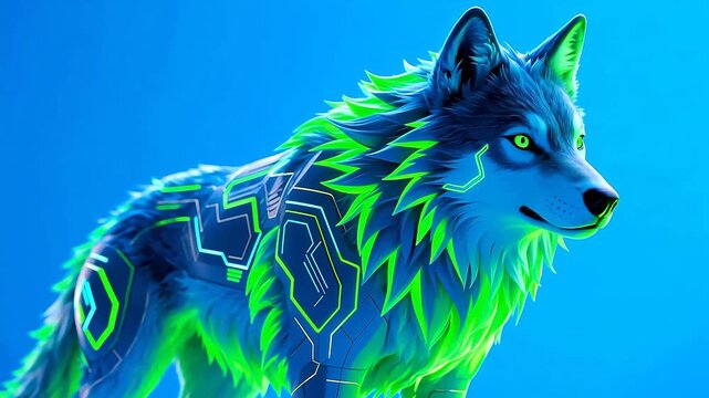 GlowingCyberWolfwithBlueandGreenPatterns