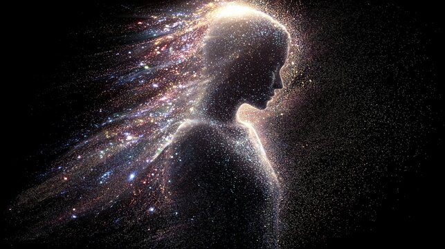 Business growth concept showing a woman's silhouette as a glowing cosmic universe of continuous learning