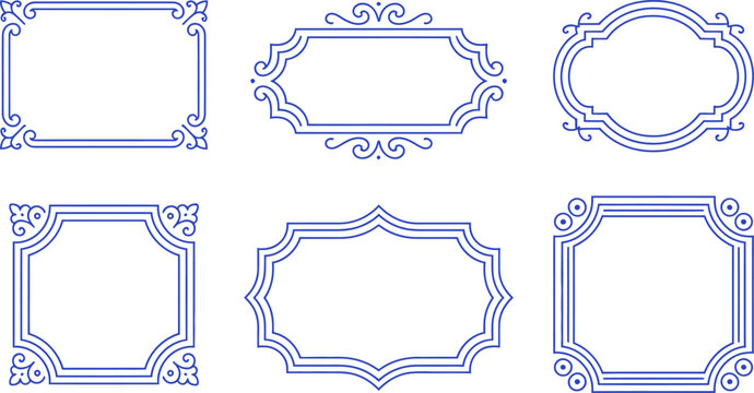 Set of Six Elegant Blue Frames and Ornate Decorative Borders for Vintage Labels and Design Projects