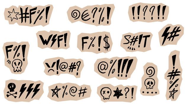 Scrapbook crayon swear words and curses set. Vector torn chalk scribble symbols with skull, stars, lightning. Curse, rude, swear word for angry, bad, negative expression with beige craft tear paper
