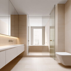 Fototapeta premium Modern bathroom with beige tile, floating vanity, large mirror, glass shower, wall mounted toilet, and natural light creates serene atmosphere