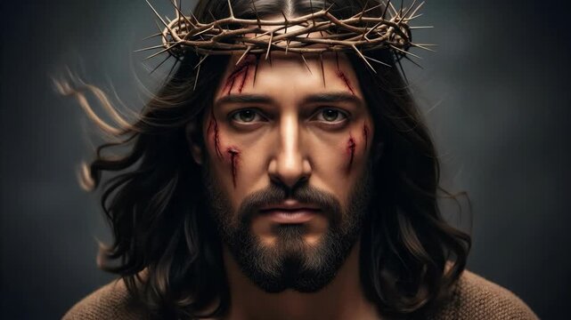 Jesus Christ wearing a crown of thorns with wounds on his face. A symbol of sacrifice and suffering. Concept for Easter and spiritual reflection. On a dark background.