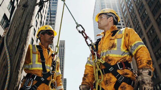 Two construction workers in safety gear abseiling down a city skyscraper facade during a maintenance operation viewed from below