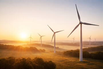 Obraz premium Wind turbines in a misty valley at sunrise, generating clean energy for a sustainable future