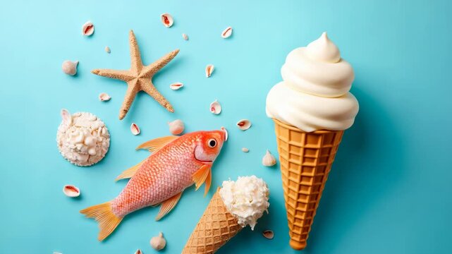 Creative summer layout with sea shells and icecream cone on bright blue background. Minimal fish concept. Flat lay..