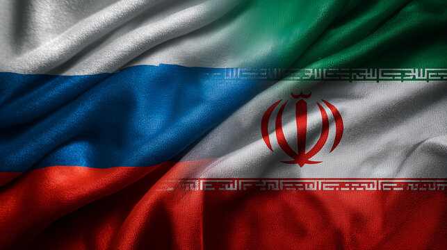 russian and iranian flag waving together. relations between russia and iran