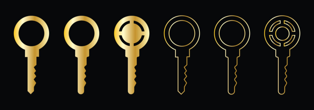 Classic Door Key Icons Outline and Solid Vector Style. Luxury Gold Key Icons Minimal Outline and Filled. Single key icon image vector illustration design. Metallic Key Icons. Chrome silver Key set
