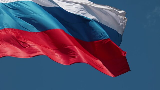 Russian national flag waving on flagpole against clear blue sky.