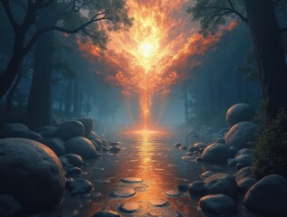 Mystical forest river reflecting glowing spiritual light