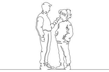 Obraz premium Continuous single line drawing family eats on the street. People eat fast food. Weekend.Parents.Offspring.Linear.One continuous line isolated minimalist illustration. Not AI.