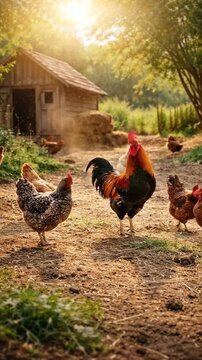Colorful rooster stands proudly in a sunlit farmyard, surrounded by hens pecking at the ground. The rustic wooden coop and lush greenery create a charming rural atmosphere, celebrating farm life