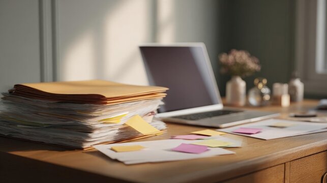 Desk with a laptop and a stack of papers on it. the desk is made of wood and has a drawer on the right side. the laptop is open and the screen is turned on.
