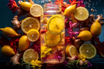 Healthy infused water with lemons, ginger, and flowers