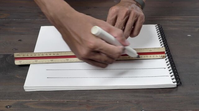Black marker drawing a bold line on white paper. Includes crisp, rhythmic scratching and squeaking foley sounds of ink friction on paper.