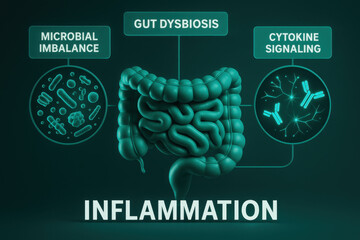 Scientific diagram showing inflammation cause from gut dysbiosis and microbial imbalance. Immune activation and cytokine signaling pathway illustration in clean, teal green concept