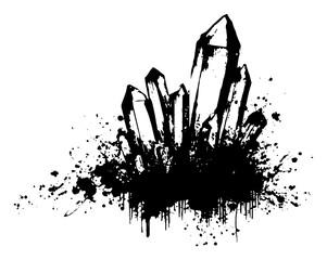Black and white grunge vector illustration of mineral crystals with ink splashes © Wuszu