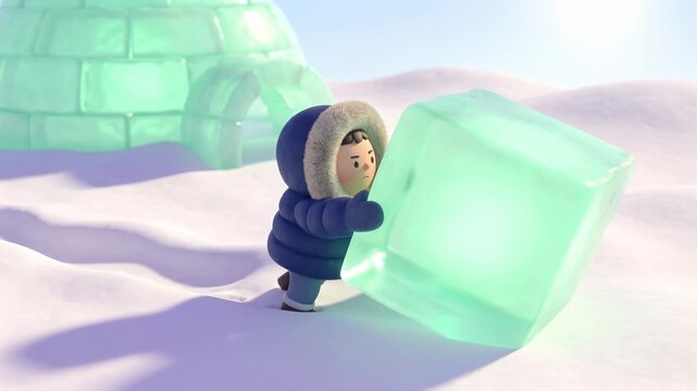 A child dressed in winter clothing pushes a large ice block on a snowy ground. An igloo stands in the background, and sunlight reflects off the ice