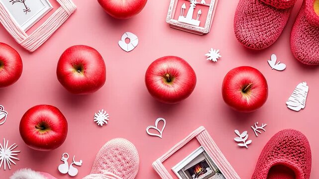 Pink flat lay with apples, shoes, and paper cutouts