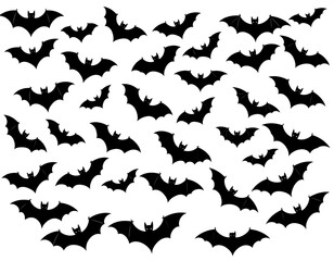 A collection of flying bat silhouettes on a white background