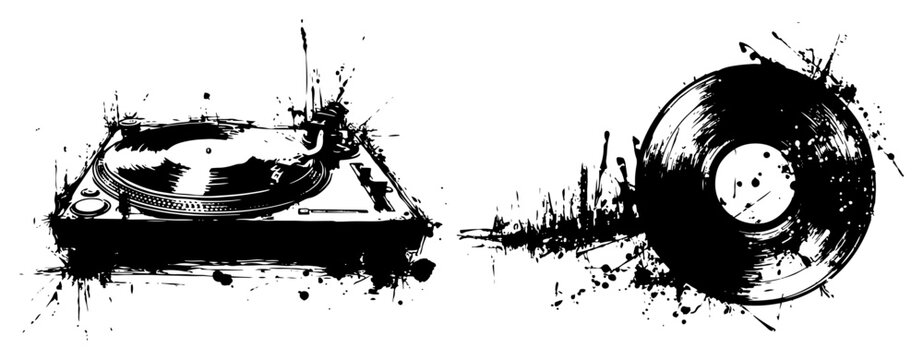DJ turntable and vinyl record music equipment in grunge ink style