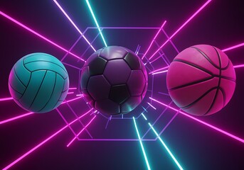 Colorful Sports Balls Floating With Neon Light Effects
