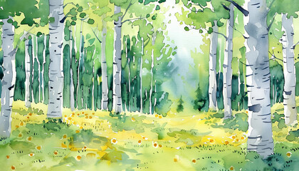 Sunlight filtering through vibrant green trees in a serene forest landscape with blooming wildflowers