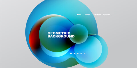 Naklejka premium Abstract geometric design. Fluid shapes blend, creating vibrant color gradients. Text displays portfolio information. Minimalist aesthetic.