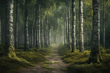 Obraz premium Serene path through lush birch forest under soft morning light