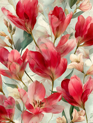 Fototapeta premium Hand-painted watercolor botanical background with red tulip flowers, softly layered petals, flowing vertical arrangement, edge-to-edge floral composition, no visible background.