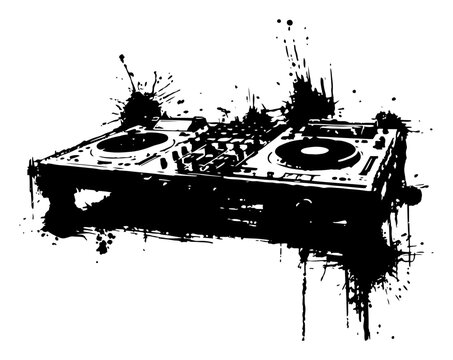 DJ turntable mixer console designed with grunge black ink splashes