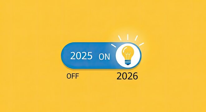 2025 ON 2026 OFF Switch with Lightbulb on Yellow Background.