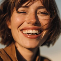 Close-up portrait of young woman laughing naturally in warm sunlight, authentic happiness.