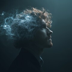 Creative portrait of a man with digital light particles symbolizing artificial intelligence and mind.
