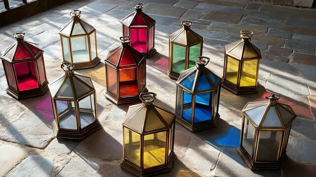 Colorful octagonal lanterns on a stone floor