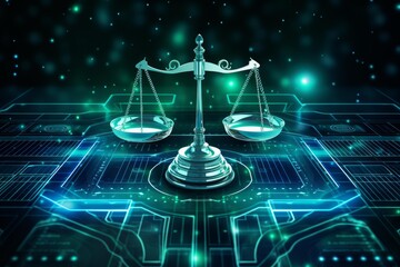 Obraz na płótnie Canvas Scales of justice representing legal balance in a futuristic digital environment
