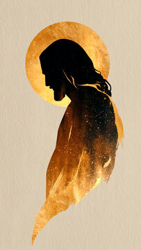 Jesus Christ Side Silhouette With Golden Halo On Textured Paper. Sacred Devotion, Easter Theme.